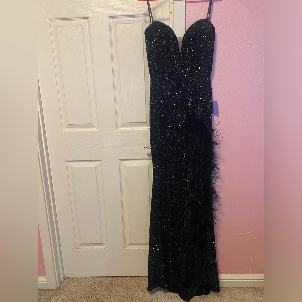 Brand New Ladivine Black Sequin Dress with Slit and Feather Accent